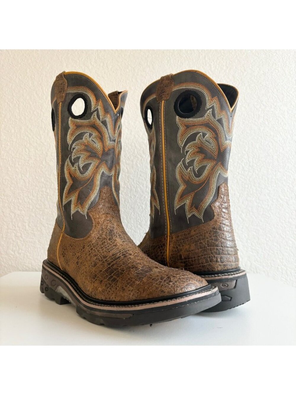 Men's Brown Pull-On Western Work Boots with Decorative Stitching